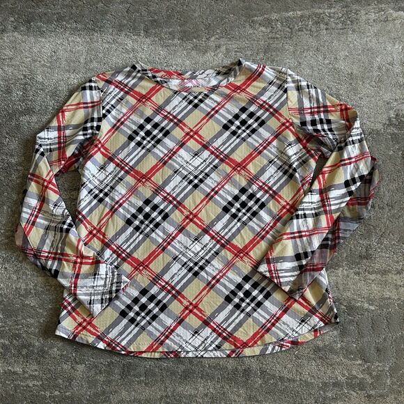 ICIKULS Top Womens Large Mesh Long Sleeve Tan Black Coral Art Golf Plaid - Picture 1 of 5